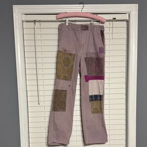 Anthropologie Patchwork Straight Leg Jeans - Purple and Tan